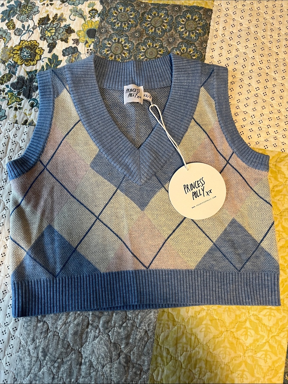 Princess Polly Pastel Cropped Argyle Knit Vest - Light Blue & Pastel Accents